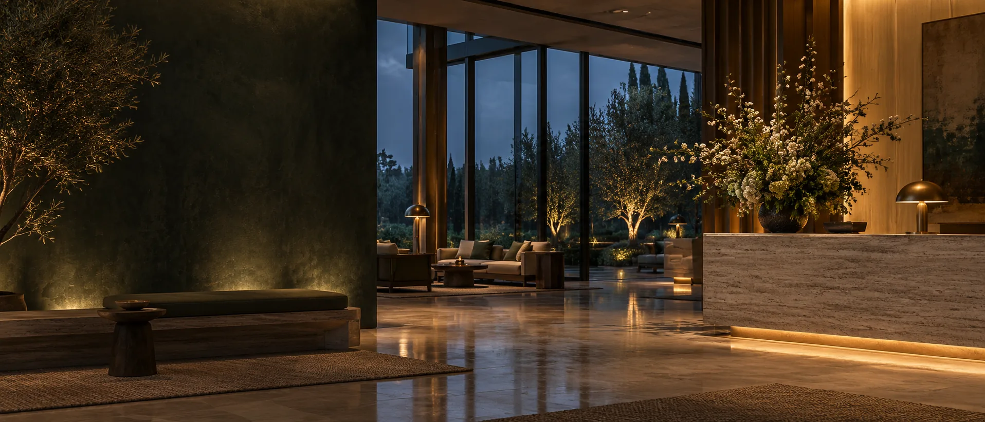 Quiet boutique hotel lobby at dusk